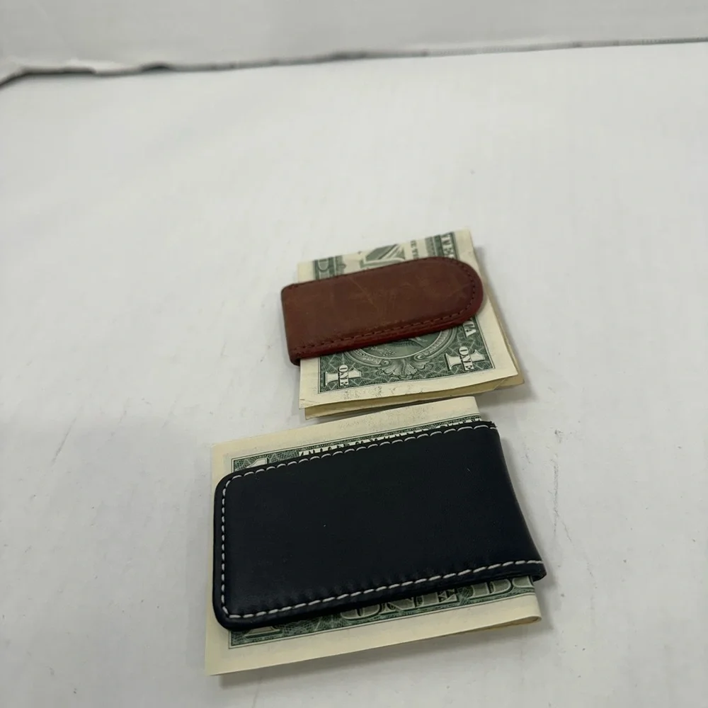 Sleek Black and Brown Leather Magnetic Money Clips with Contrast Stitching